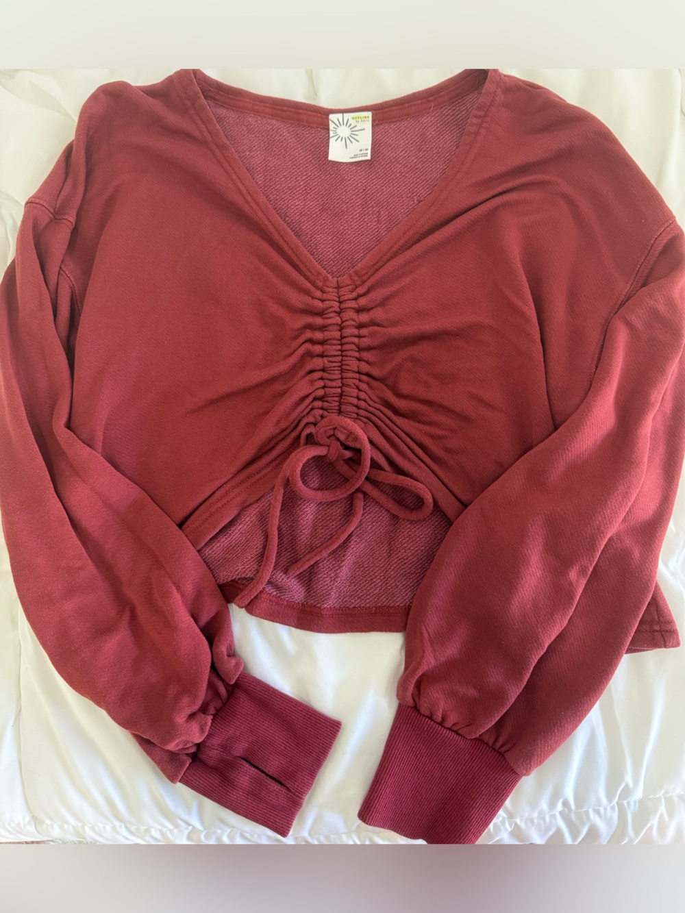 aerie Ruched V-Neck Crop Sweatshirt in Mauve